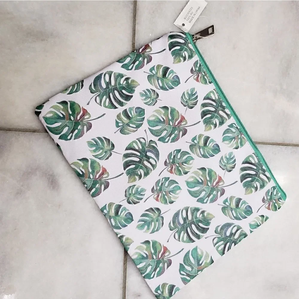 BIJORCA Green White Monstera Leaves Zippered Canvas Pouch NEW